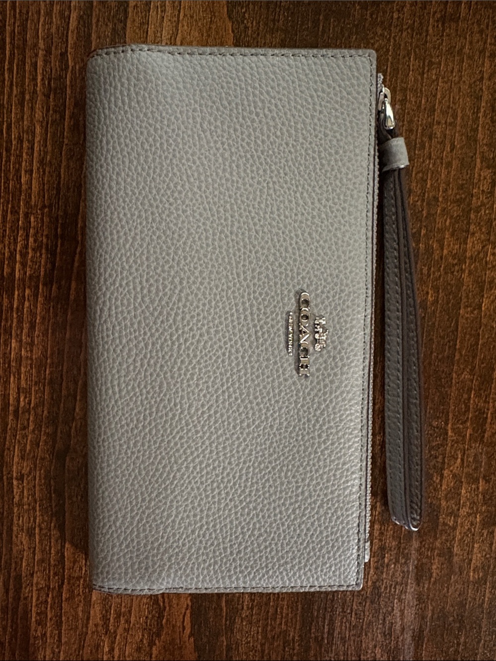 Coach Pebbled Leather Wristlet Long Wallet in Light Gray with Silver Hardware